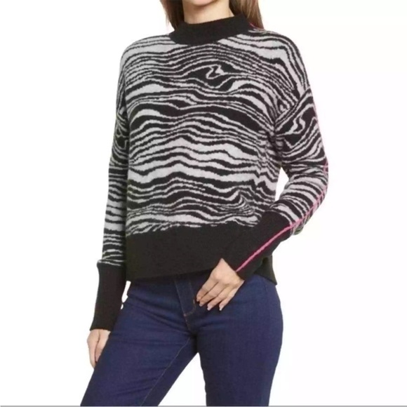 Halogen Zebra Swirl Mock Neck Black/White Sweater w/ Pink Stripe Size Large - Picture 1 of 16